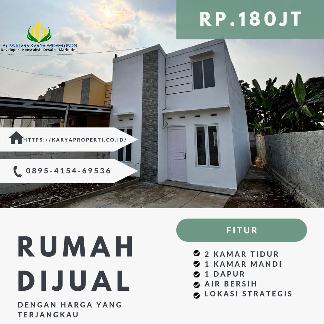 Rumah mewah minimalis ini menawarkan desain elegan dengan ruang terbuka luas, cocok untuk gaya hidup modern dan nyaman.

2 kamar tidur yang nyaman
1 kamar mandi yang stylish
Halaman hijau untuk bersantai
Ruang tamu yang luas
Garasi yang mampu menampung satu mobil
Kelebihan:
✅ TANPA BI CHECKING DAN COCOK UNTUK SEMUA USIA
✅ FREE BIAYA-BIAYA BPHTB, NOTARIS
✅ FREE LISTRIK 1300
✅ Cashback hingga 10 juta🤩
✅ DAN HADIAH-HADIAH MENARIK

Informasi:
Hubungi 📞 0895-4154-69536
Kunjungi  KaryaPropert.co.id