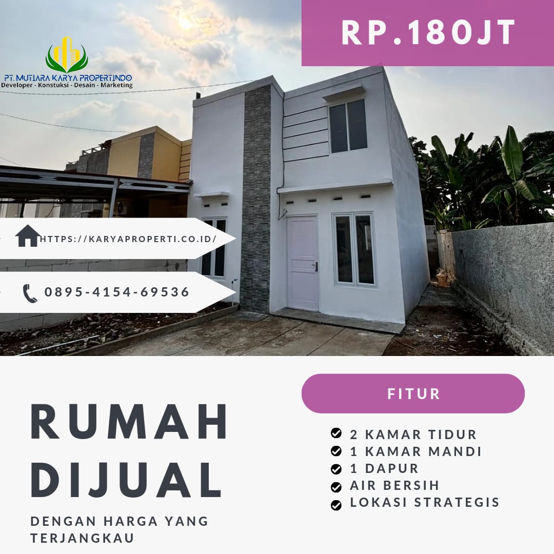 Rumah mewah minimalis ini menawarkan desain elegan dengan ruang terbuka luas, cocok untuk gaya hidup modern dan nyaman.

2 kamar tidur yang nyaman
1 kamar mandi yang stylish
Halaman hijau untuk bersantai
Ruang tamu yang luas
Garasi yang mampu menampung satu mobil
Kelebihan:
✅ TANPA BI CHECKING DAN COCOK UNTUK SEMUA USIA
✅ FREE BIAYA-BIAYA BPHTB, NOTARIS
✅ FREE LISTRIK 1300
✅ Cashback hingga 10 juta🤩
✅ DAN HADIAH-HADIAH MENARIK

Informasi:
Hubungi 📞 0895-4154-69536
Kunjungi  KaryaPropert.co.id