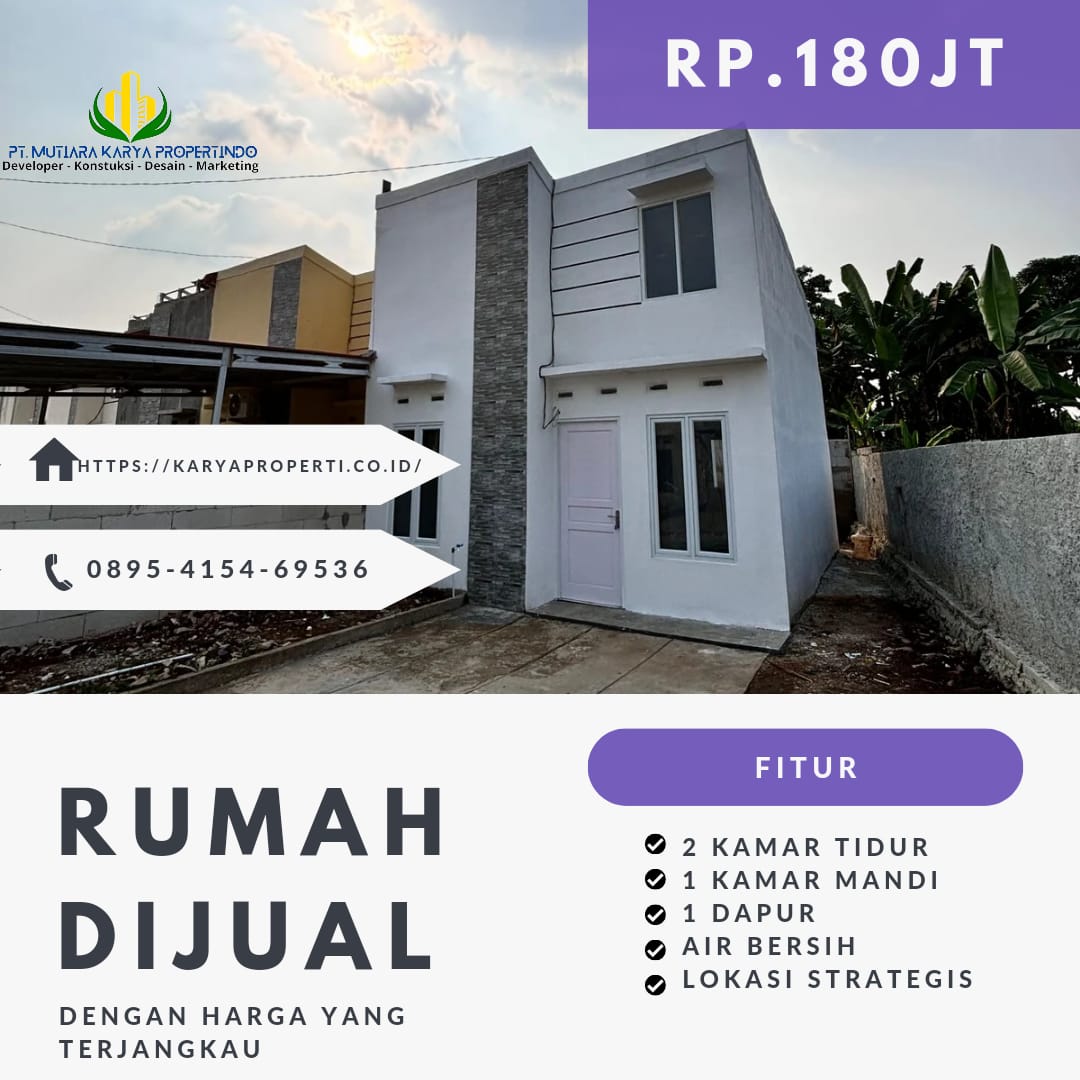 Rumah mewah minimalis ini menawarkan desain elegan dengan ruang terbuka luas, cocok untuk gaya hidup modern dan nyaman.

2 kamar tidur yang nyaman
1 kamar mandi yang stylish
Halaman hijau untuk bersantai
Ruang tamu yang luas
Garasi yang mampu menampung satu mobil
Kelebihan:
✅ TANPA BI CHECKING DAN COCOK UNTUK SEMUA USIA
✅ FREE BIAYA-BIAYA BPHTB, NOTARIS
✅ FREE LISTRIK 1300
✅ Cashback hingga 10 juta🤩
✅ DAN HADIAH-HADIAH MENARIK

Informasi:
Hubungi 📞 0895-4154-69536
Kunjungi  KaryaPropert.co.id